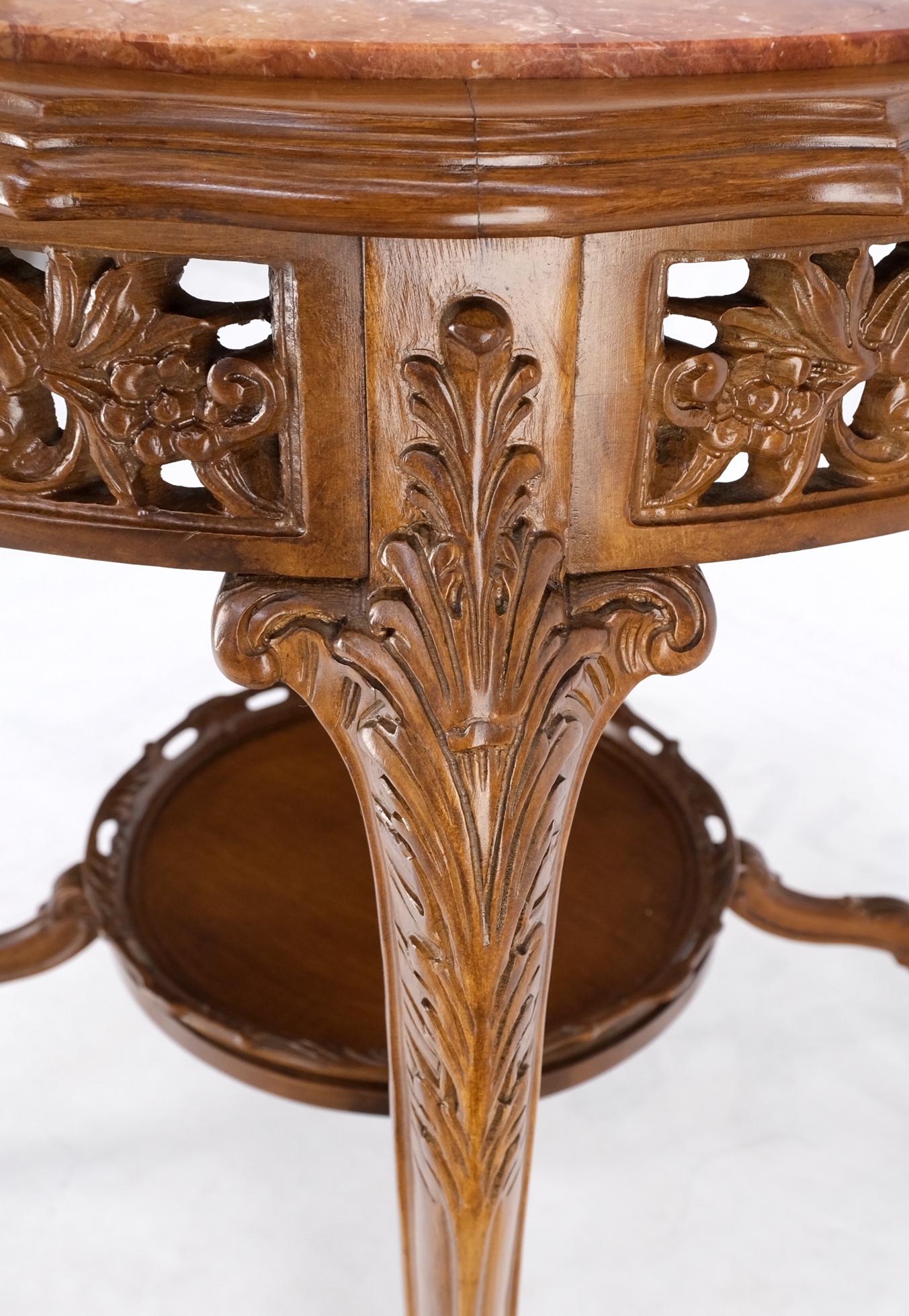 EstablishedLines Carved Walnut Rouge Marble Top Lamp Side Occasional Table Stand Pedestal