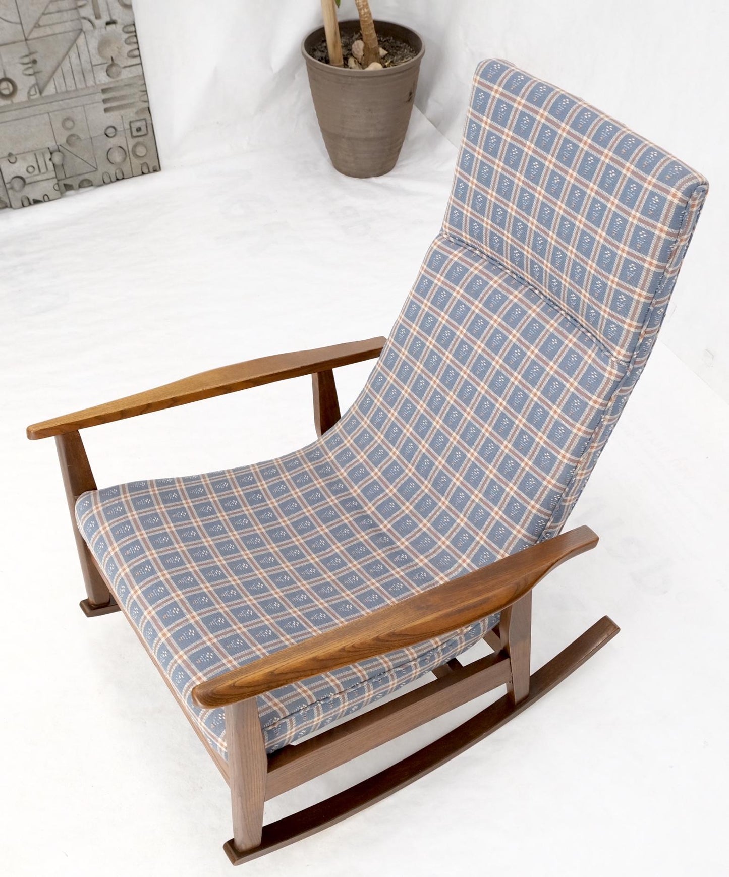 EstablishedLines Danish Mid-Century Modern Wool Upholstery Tall Back Rocking Lounge Chair