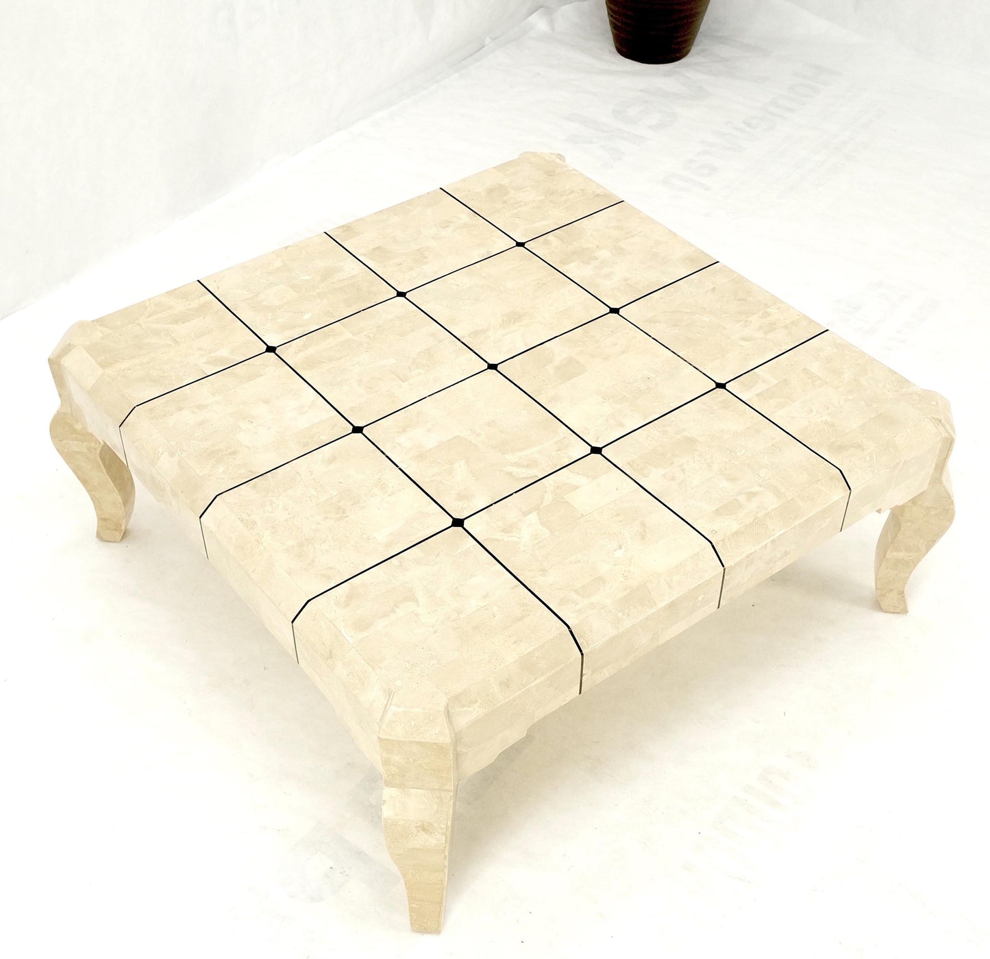 EstablishedLines Tessellated Stone Fossil Top Brass Inlay Square Coffee Table on Cabriole Legs