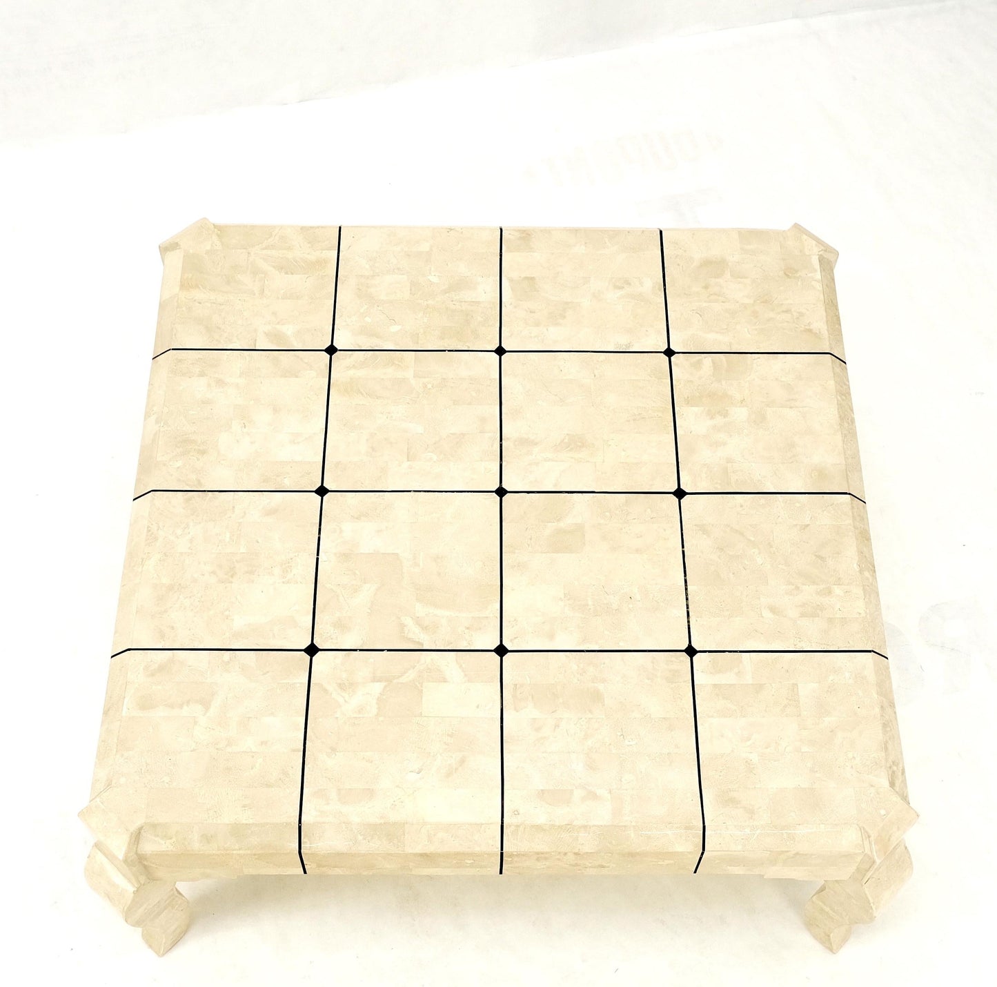 EstablishedLines Tessellated Stone Fossil Top Brass Inlay Square Coffee Table on Cabriole Legs
