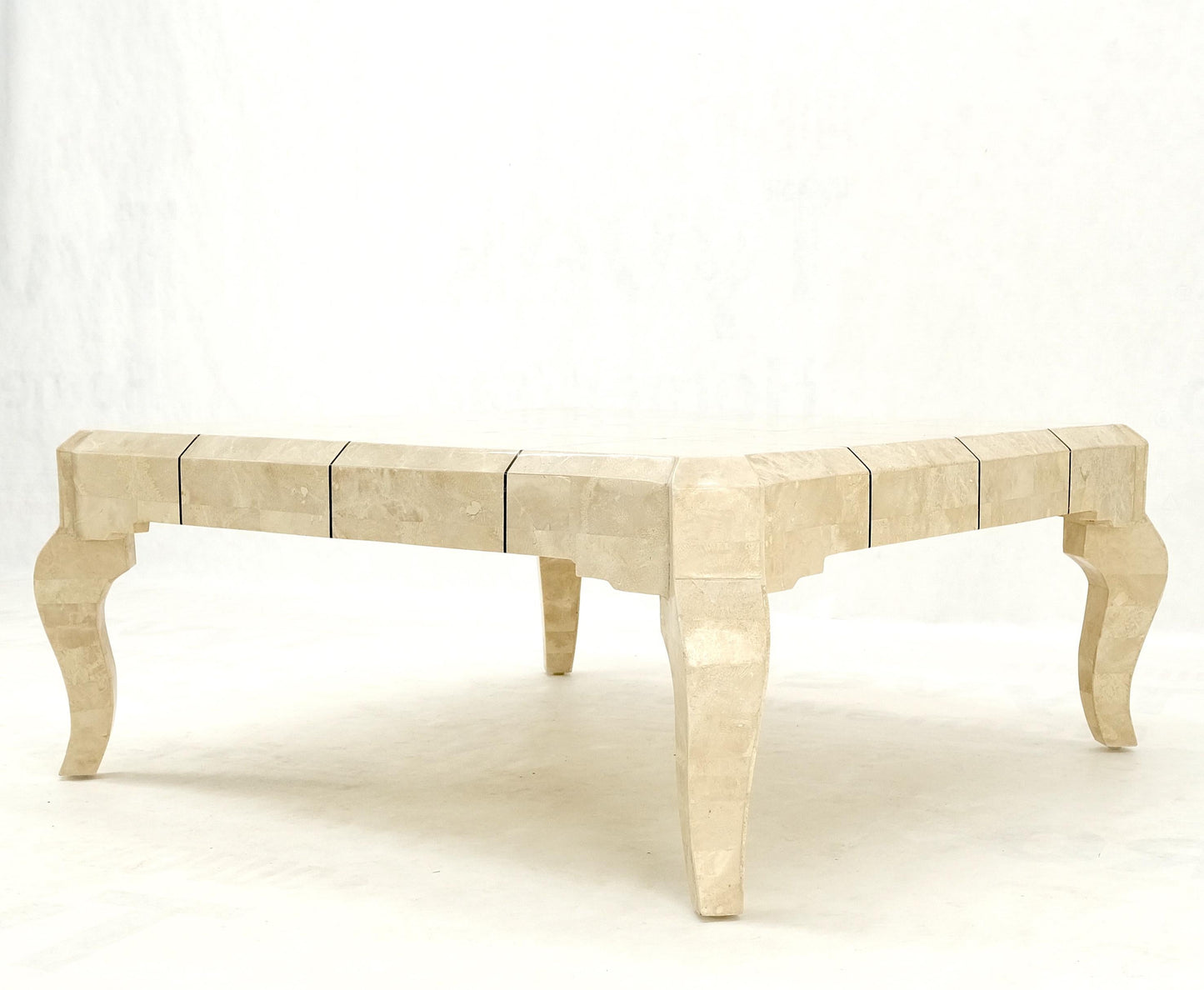 EstablishedLines Tessellated Stone Fossil Top Brass Inlay Square Coffee Table on Cabriole Legs