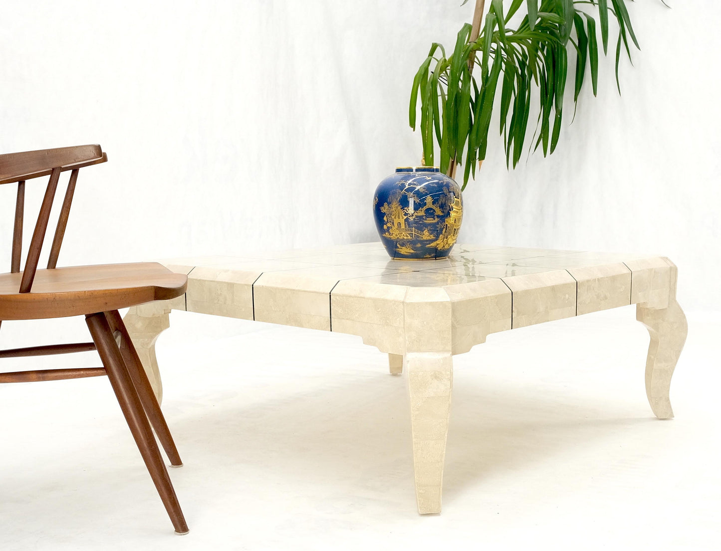 EstablishedLines Tessellated Stone Fossil Top Brass Inlay Square Coffee Table on Cabriole Legs