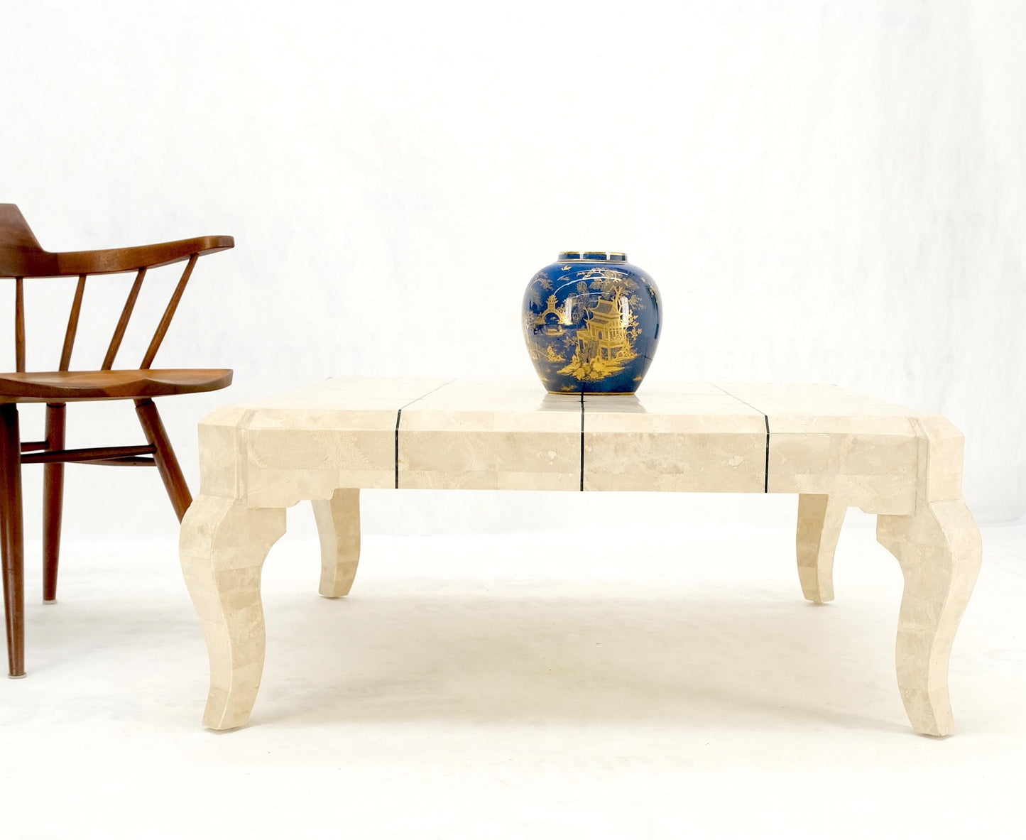 EstablishedLines Tessellated Stone Fossil Top Brass Inlay Square Coffee Table on Cabriole Legs