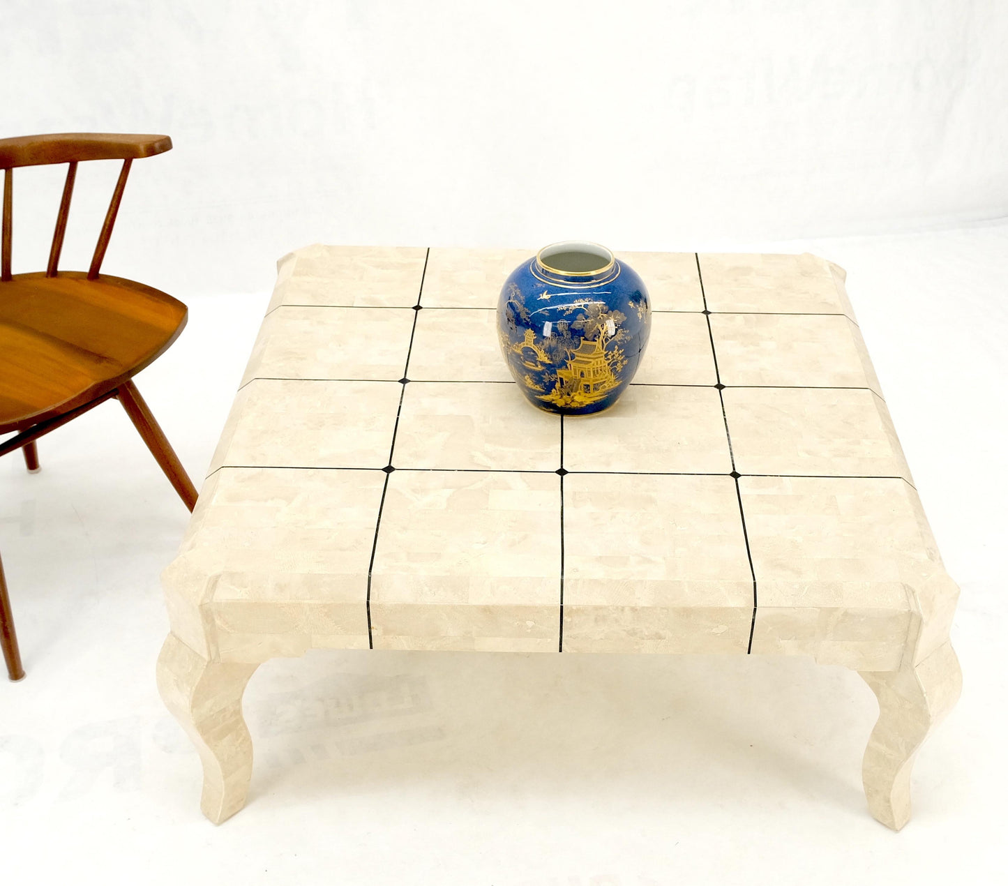 EstablishedLines Tessellated Stone Fossil Top Brass Inlay Square Coffee Table on Cabriole Legs