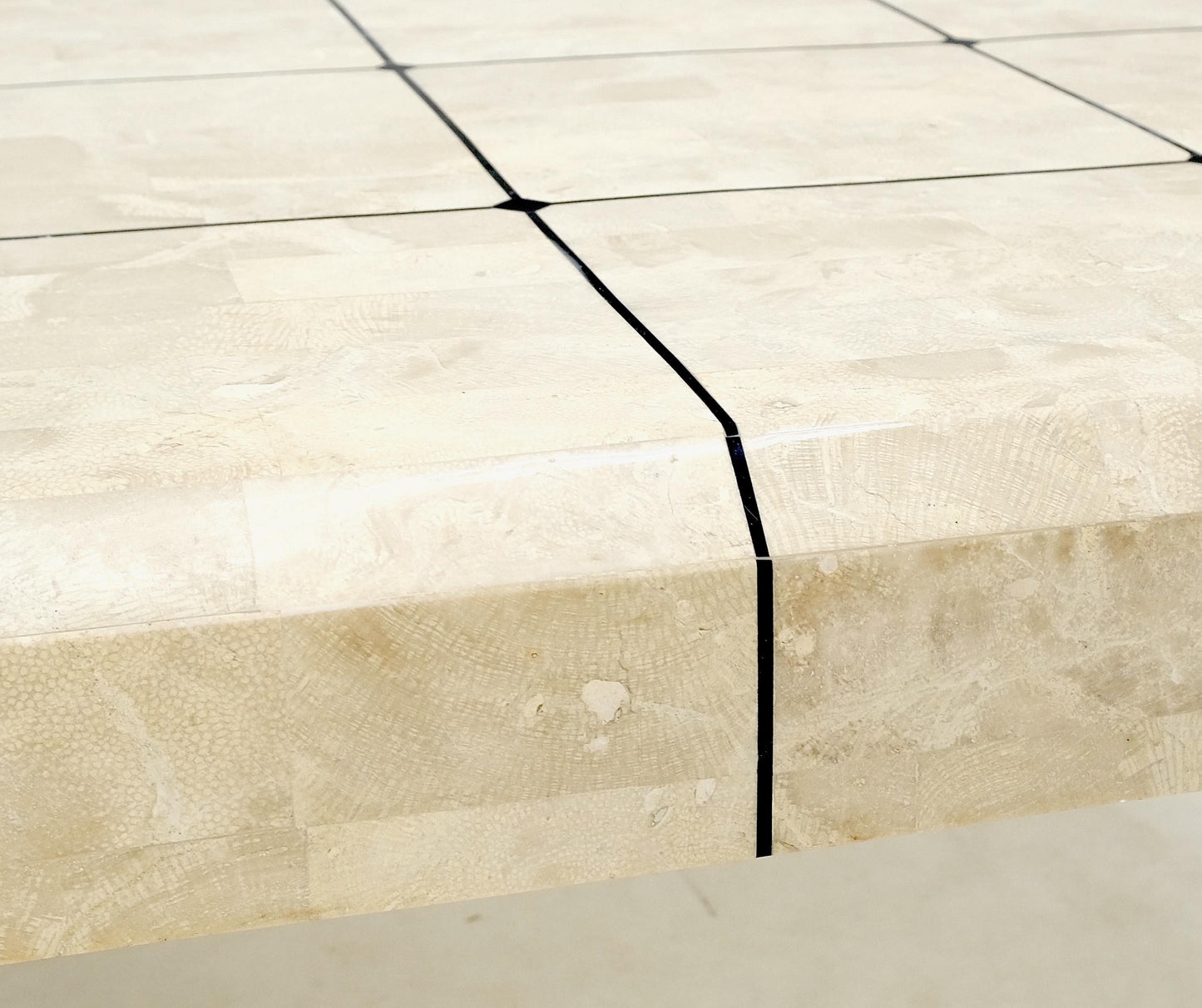 EstablishedLines Tessellated Stone Fossil Top Brass Inlay Square Coffee Table on Cabriole Legs