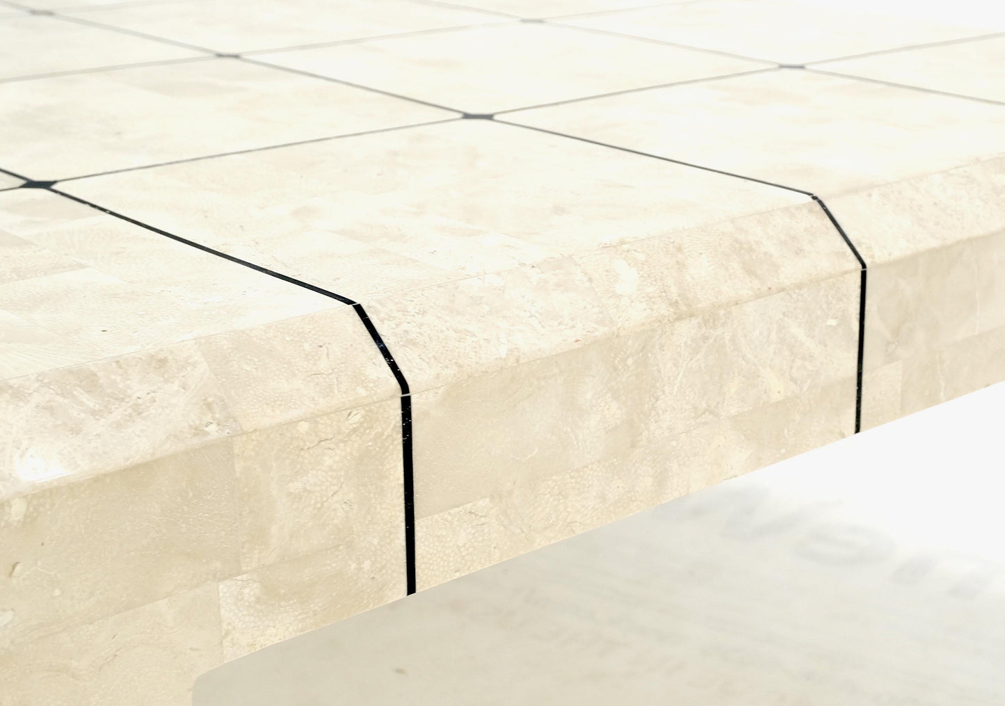 EstablishedLines Tessellated Stone Fossil Top Brass Inlay Square Coffee Table on Cabriole Legs