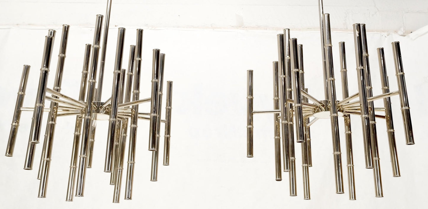 EstablishedLines Pair of Large Faux Bamboo Chrome Pewter Chandeliers Light Fixtures