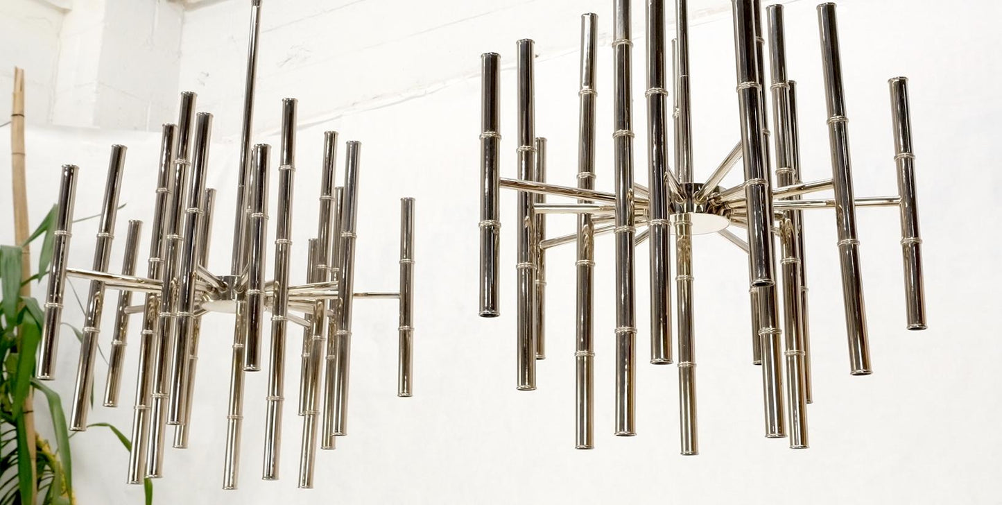 EstablishedLines Pair of Large Faux Bamboo Chrome Pewter Chandeliers Light Fixtures