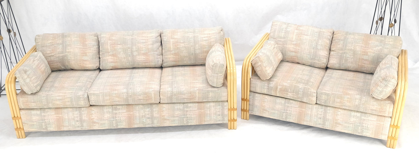 EstablishedLines Pair Bent Bamboo Frames Linen Like Upholstery Mid Century Modern Sofa Loveseat