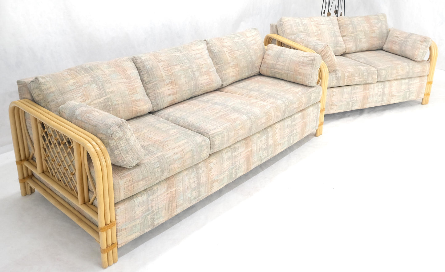 EstablishedLines Pair Bent Bamboo Frames Linen Like Upholstery Mid Century Modern Sofa Loveseat