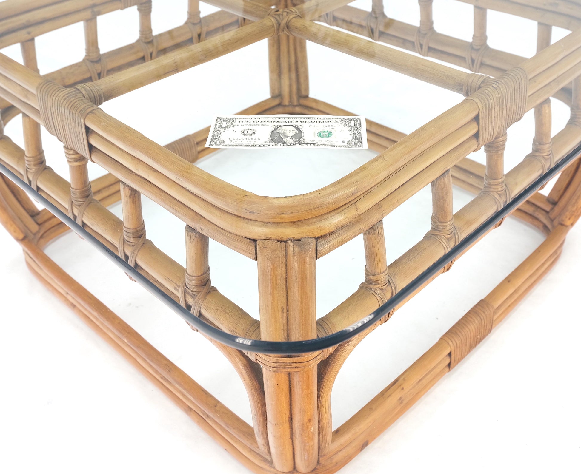 EstablishedLines Ficks Reed Bamboo & Reed Square Glass Top Coffee Table c.1970s Mint!