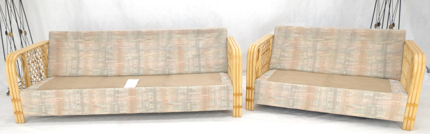 EstablishedLines Pair Bent Bamboo Frames Linen Like Upholstery Mid Century Modern Sofa Loveseat