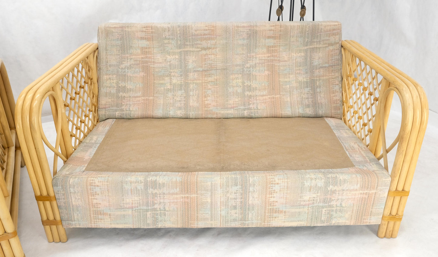 EstablishedLines Pair Bent Bamboo Frames Linen Like Upholstery Mid Century Modern Sofa Loveseat