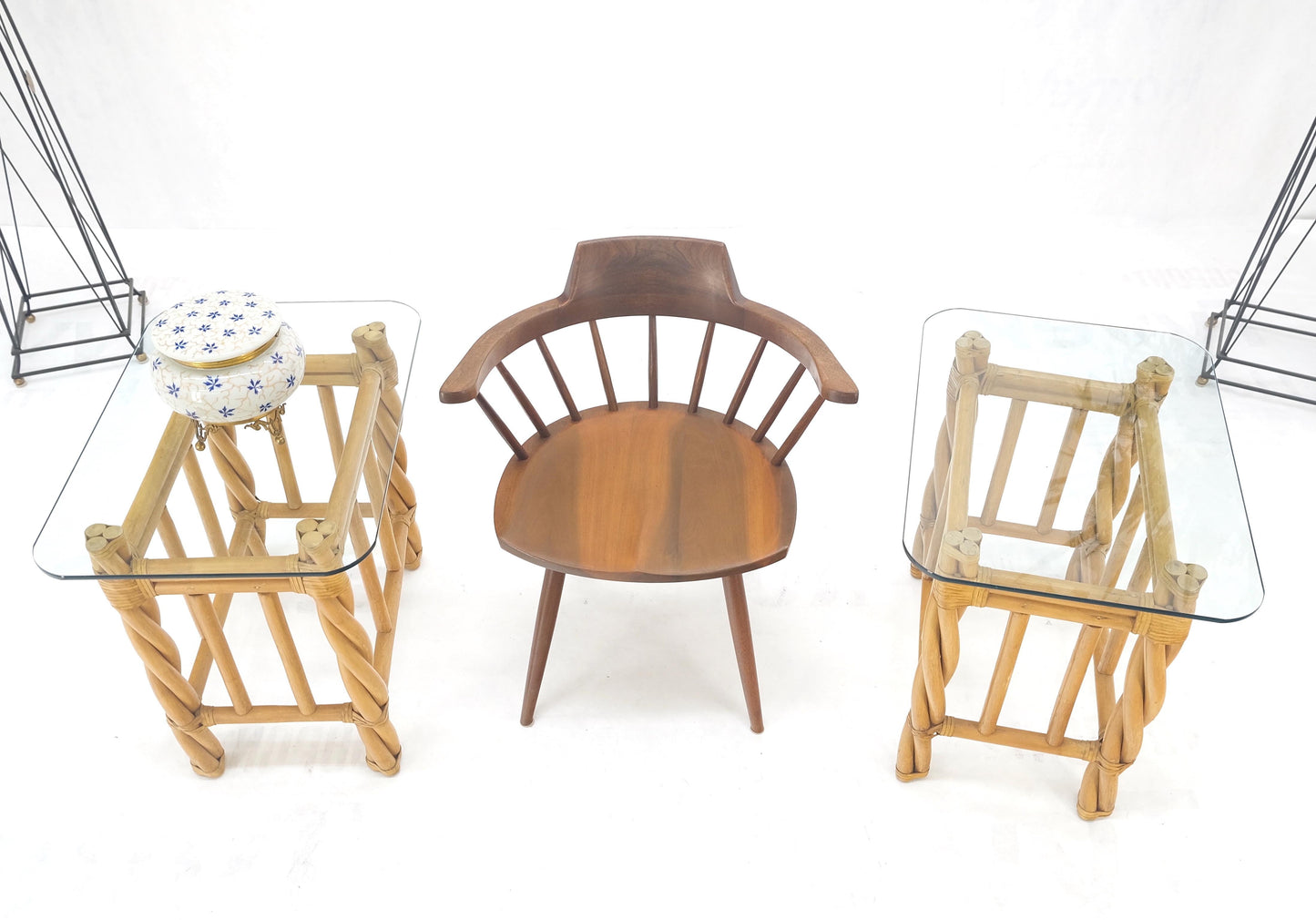 EstablishedLines Pair Decorative Twisted Rattan Rectangle End Side Tables Stand Rounded Glass Top