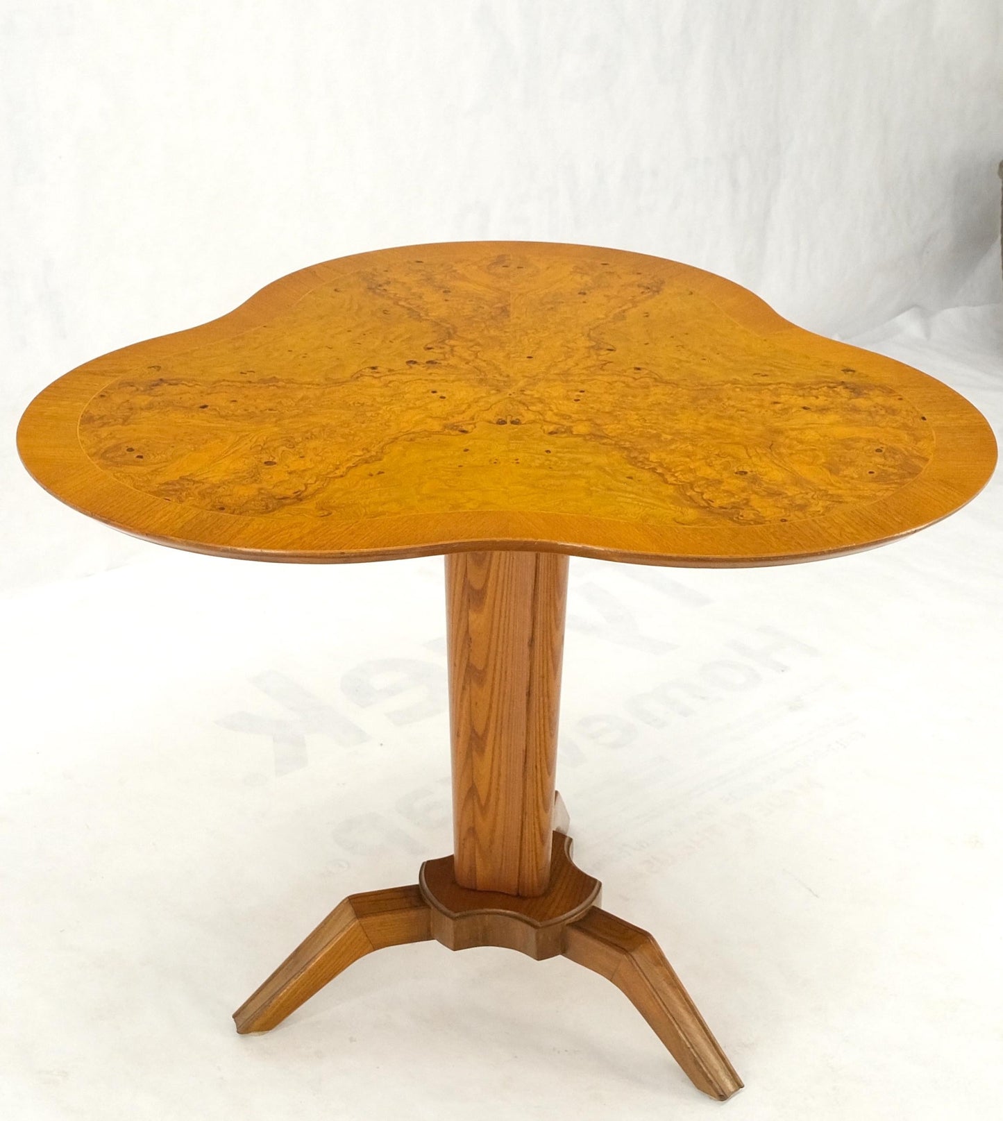 EstablishedLines Swedish Mid-Century Modern Burl Wood Tri Legged Side End Table Stand 1949 Mint!