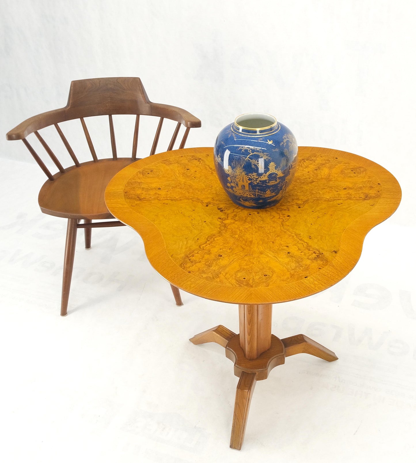 EstablishedLines Swedish Mid-Century Modern Burl Wood Tri Legged Side End Table Stand 1949 Mint!