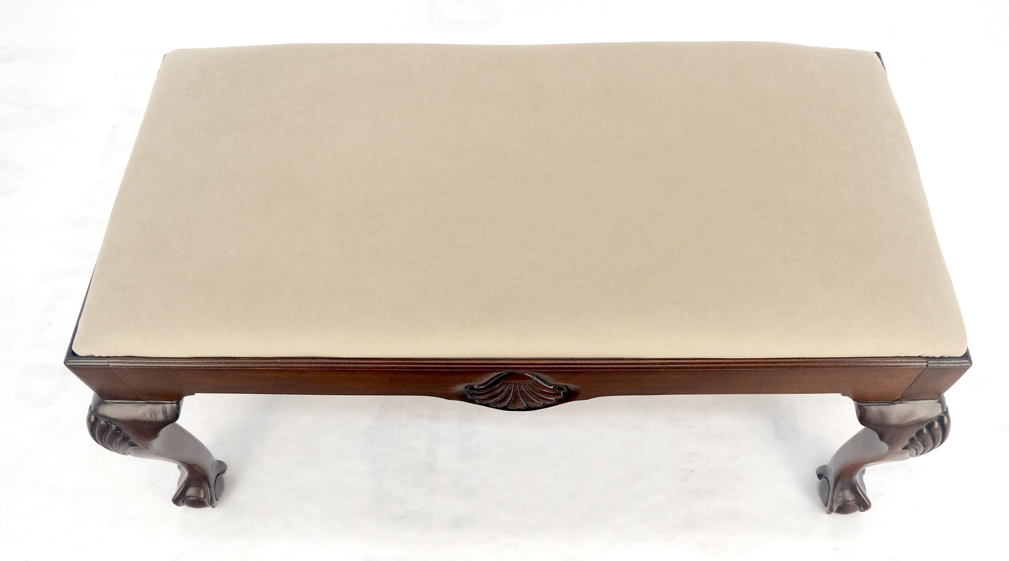 EstablishedLines Carved Mahogany Ball & Claw Chippendale Feet Ultra Suede Upholstery Bench MINT