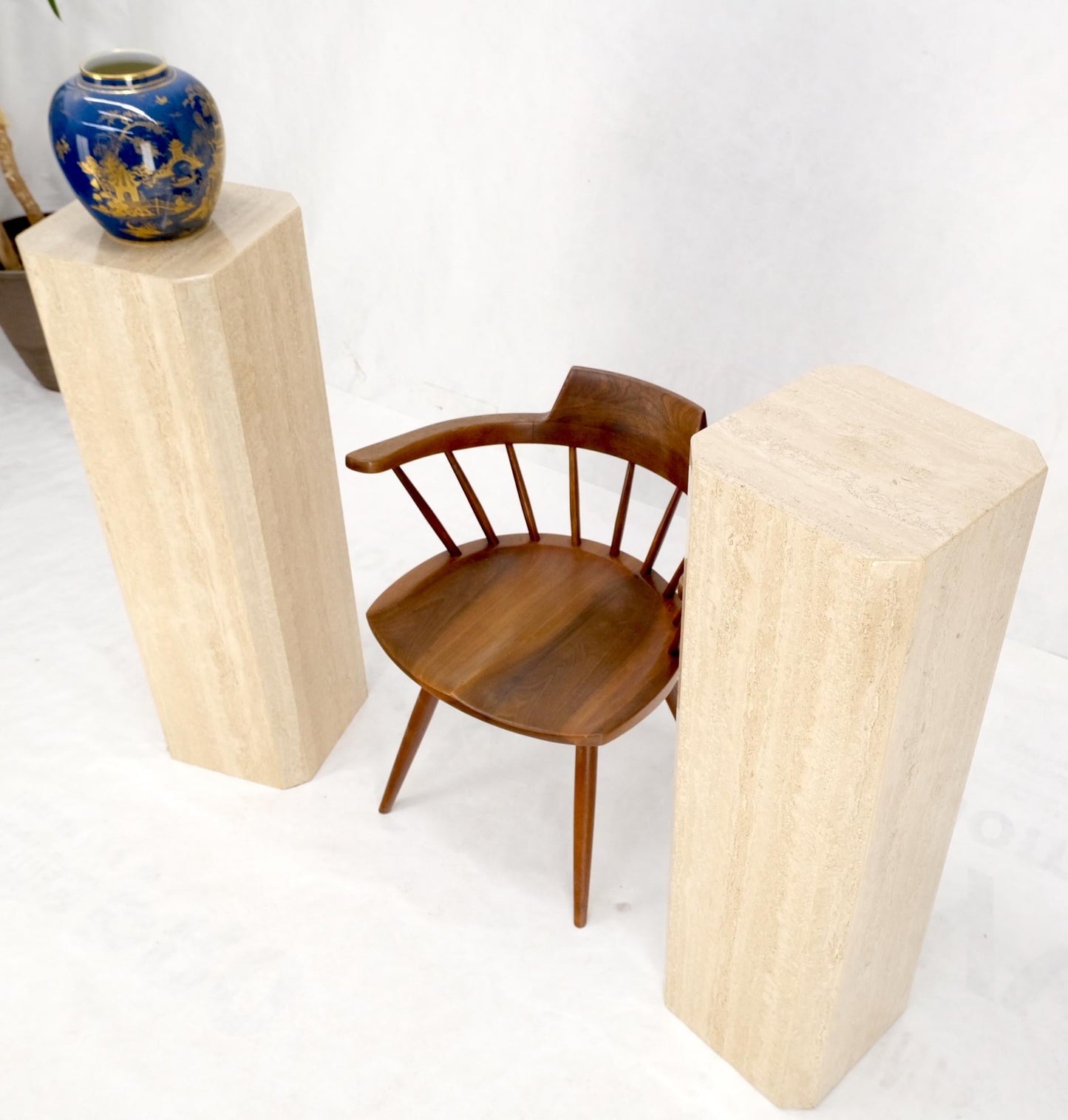 EstablishedLines Pair of Tall Large Square Italian Travertine Pedestals Stands