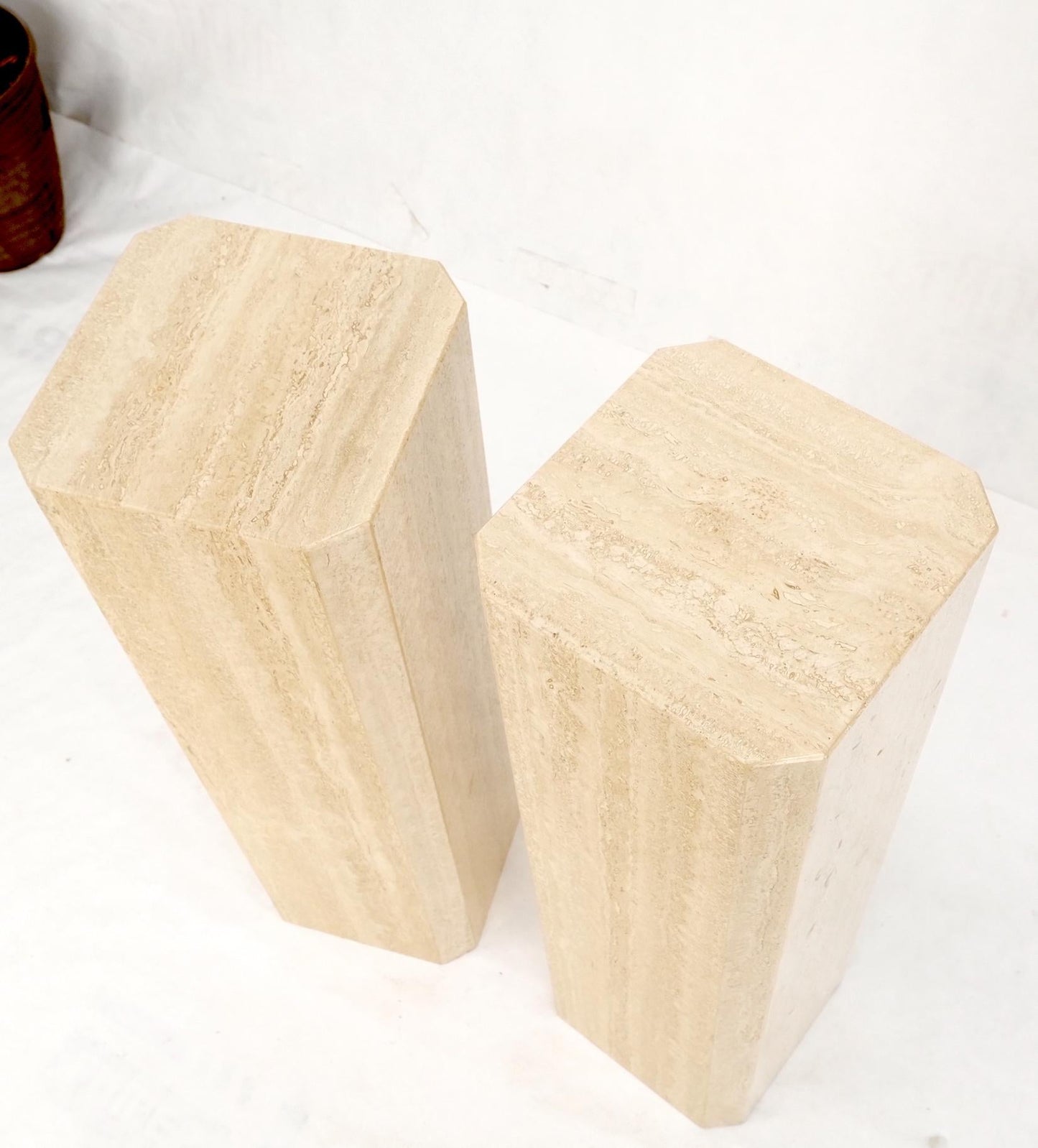 EstablishedLines Pair of Tall Large Square Italian Travertine Pedestals Stands