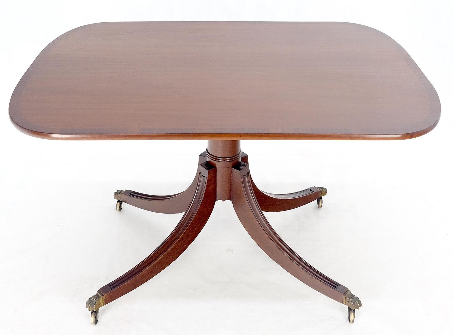 Tilt Top Banded Mahogany Carved Base on Brass Wheels Dining Breakfast Table MINT