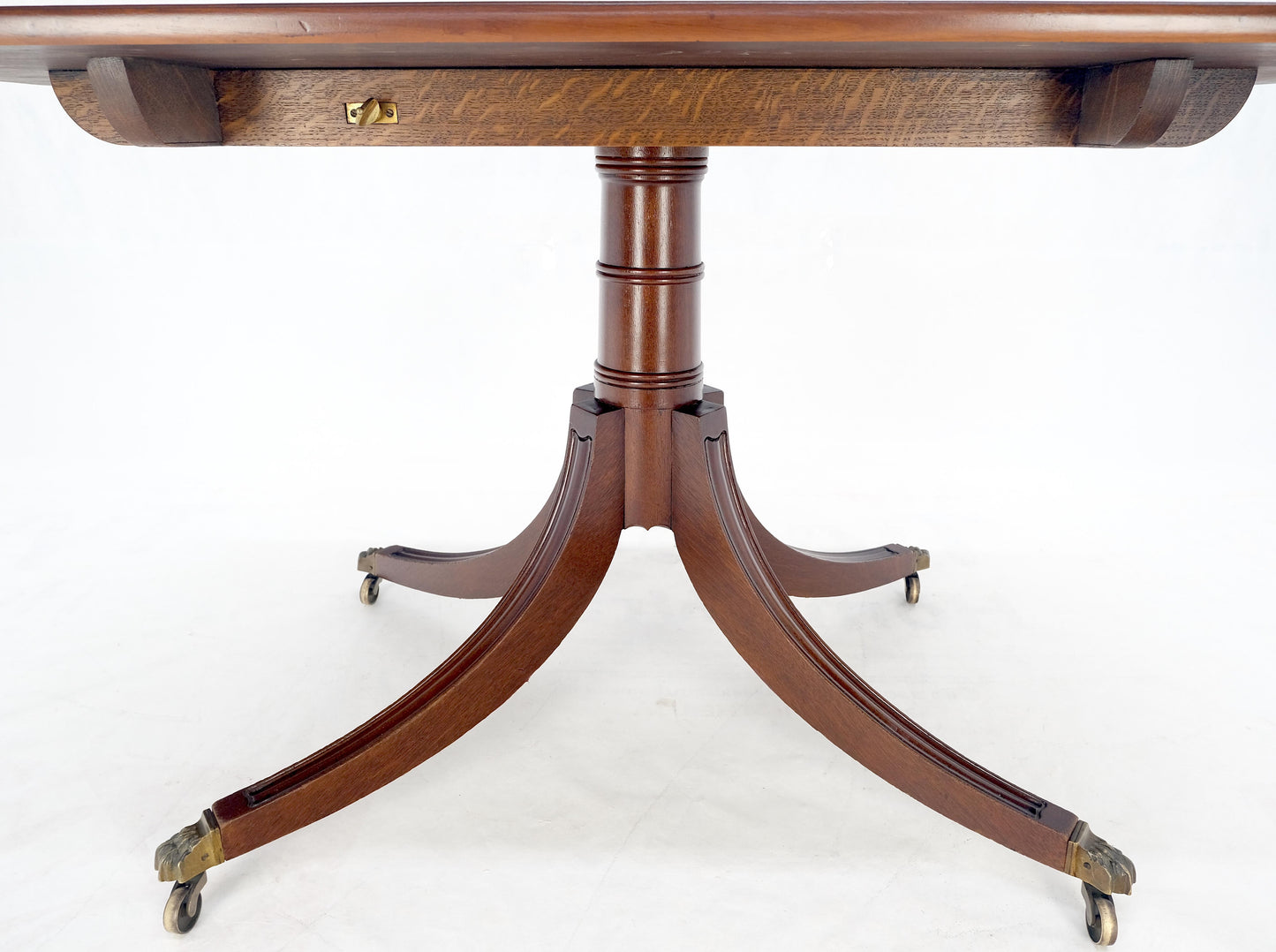 Tilt Top Banded Mahogany Carved Base on Brass Wheels Dining Breakfast Table MINT