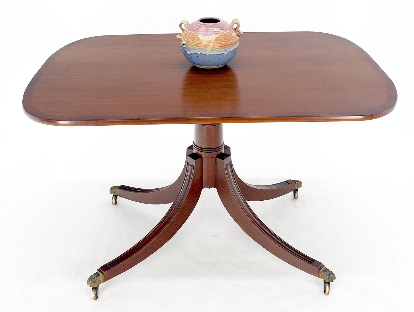 Tilt Top Banded Mahogany Carved Base on Brass Wheels Dining Breakfast Table MINT