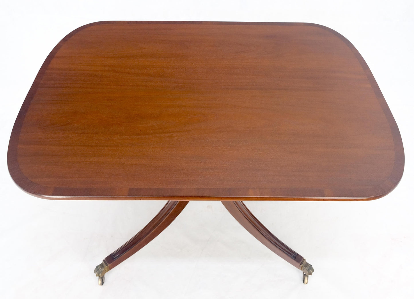 Tilt Top Banded Mahogany Carved Base on Brass Wheels Dining Breakfast Table MINT
