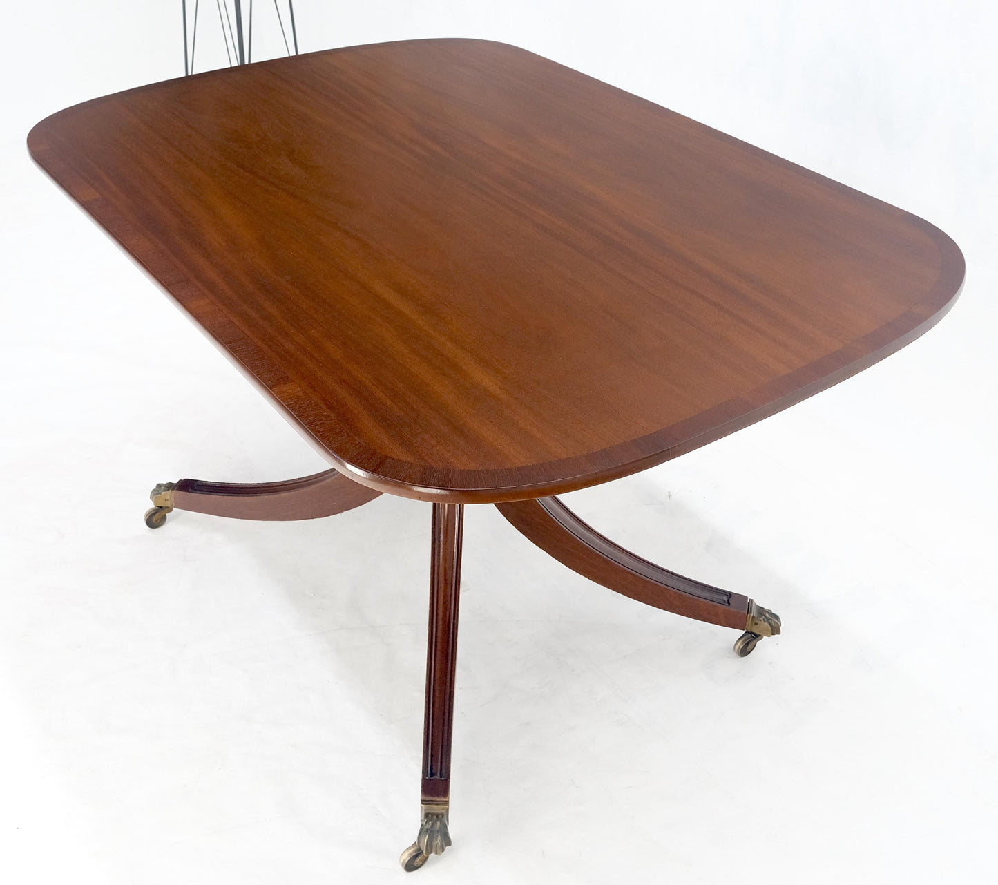 Tilt Top Banded Mahogany Carved Base on Brass Wheels Dining Breakfast Table MINT