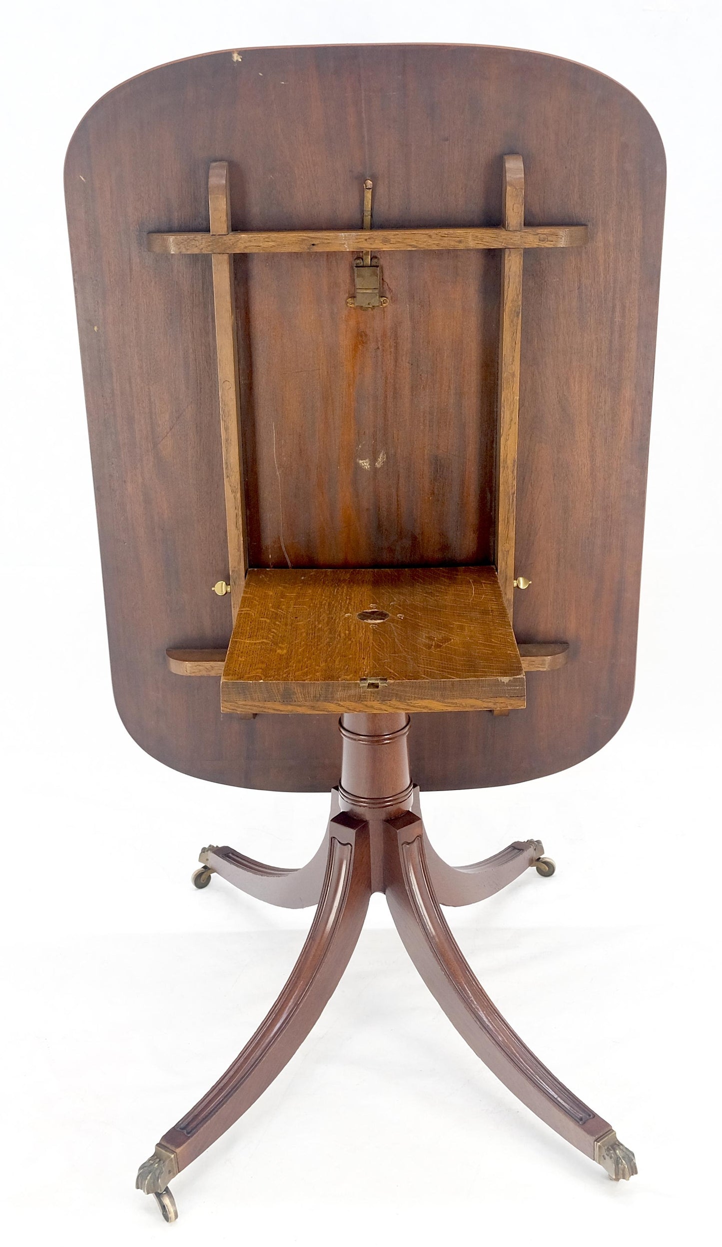 Tilt Top Banded Mahogany Carved Base on Brass Wheels Dining Breakfast Table MINT