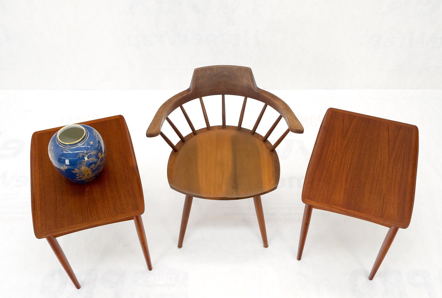 EstablishedLines Pair of Danish Mid Century Modern Rolled Edges Side End Tables Stands Dowel Legs