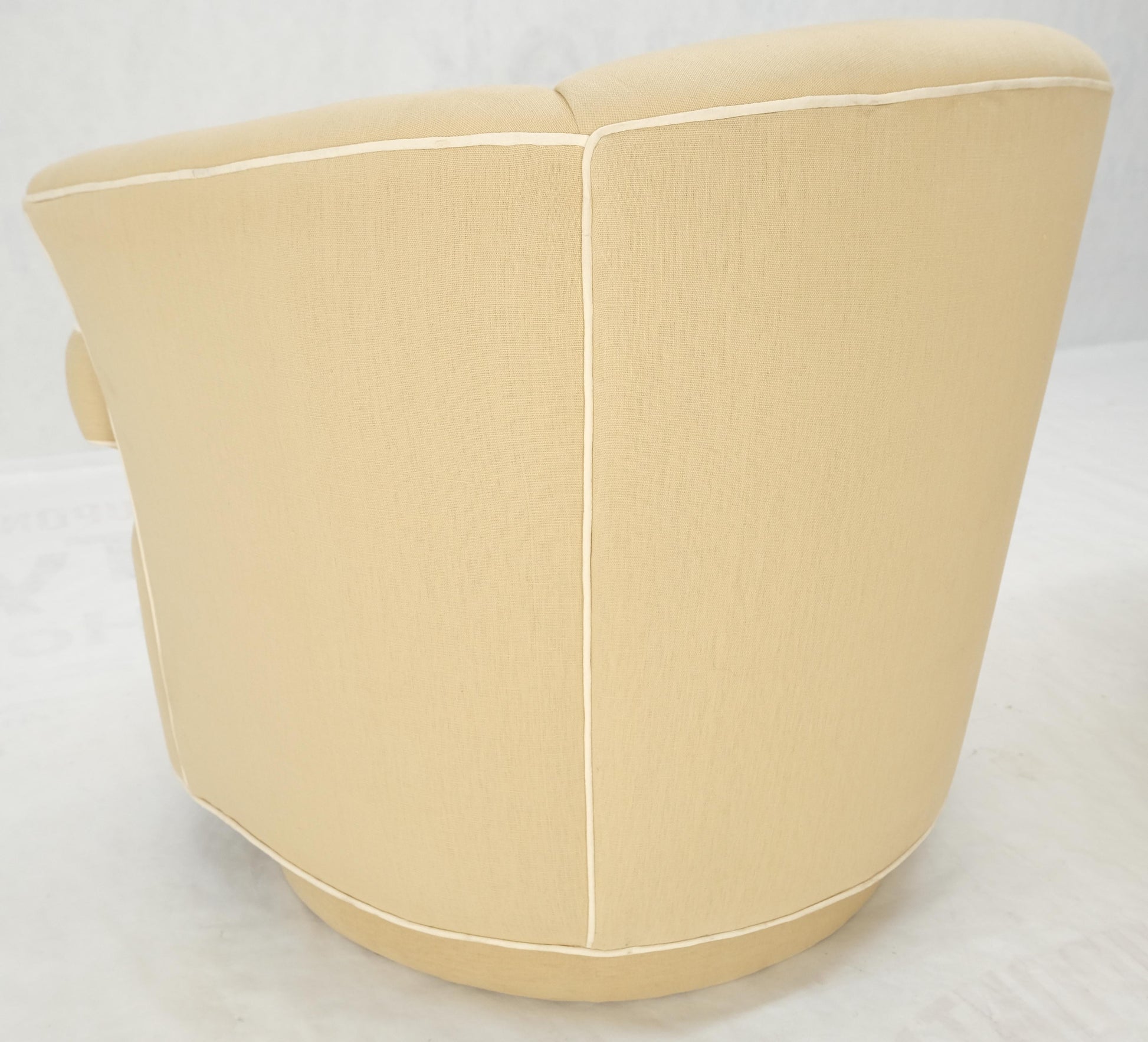 EstablishedLines Pair of New Linen Upholstery Round Swivel Tub Barrel Back Chairs Baughman MINT!