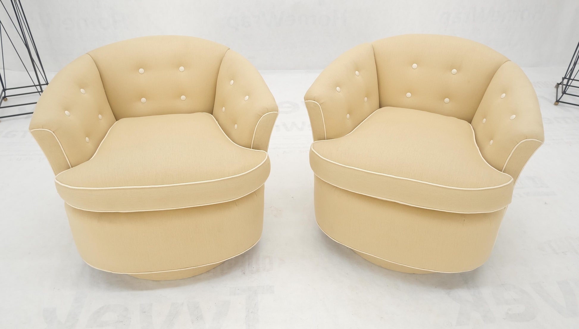 EstablishedLines Pair of New Linen Upholstery Round Swivel Tub Barrel Back Chairs Baughman MINT!