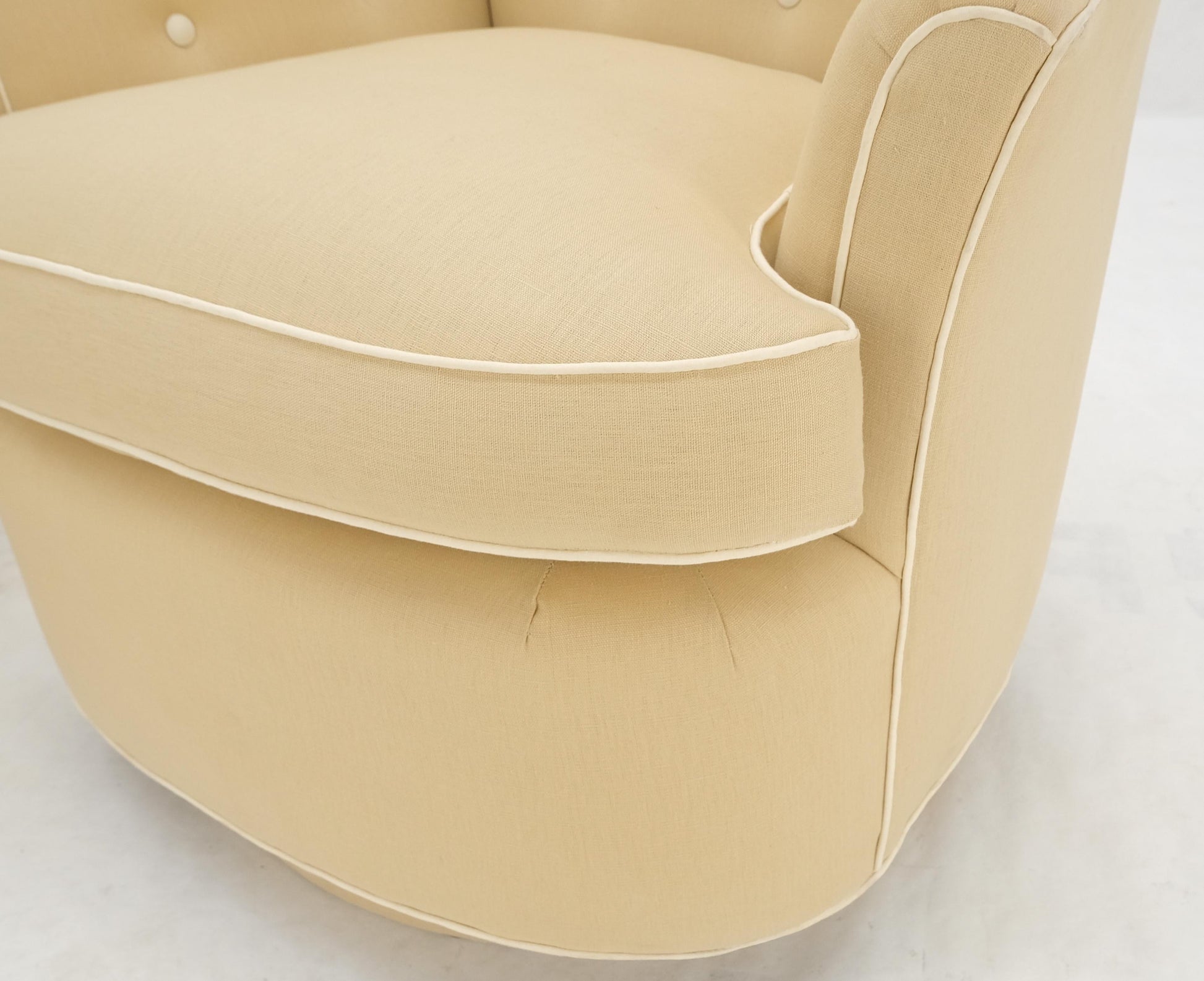 EstablishedLines Pair of New Linen Upholstery Round Swivel Tub Barrel Back Chairs Baughman MINT!