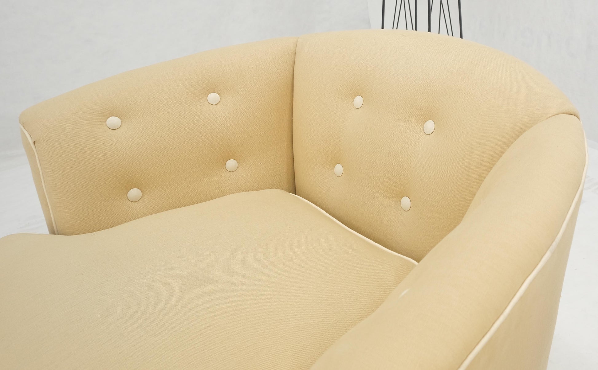 EstablishedLines Pair of New Linen Upholstery Round Swivel Tub Barrel Back Chairs Baughman MINT!