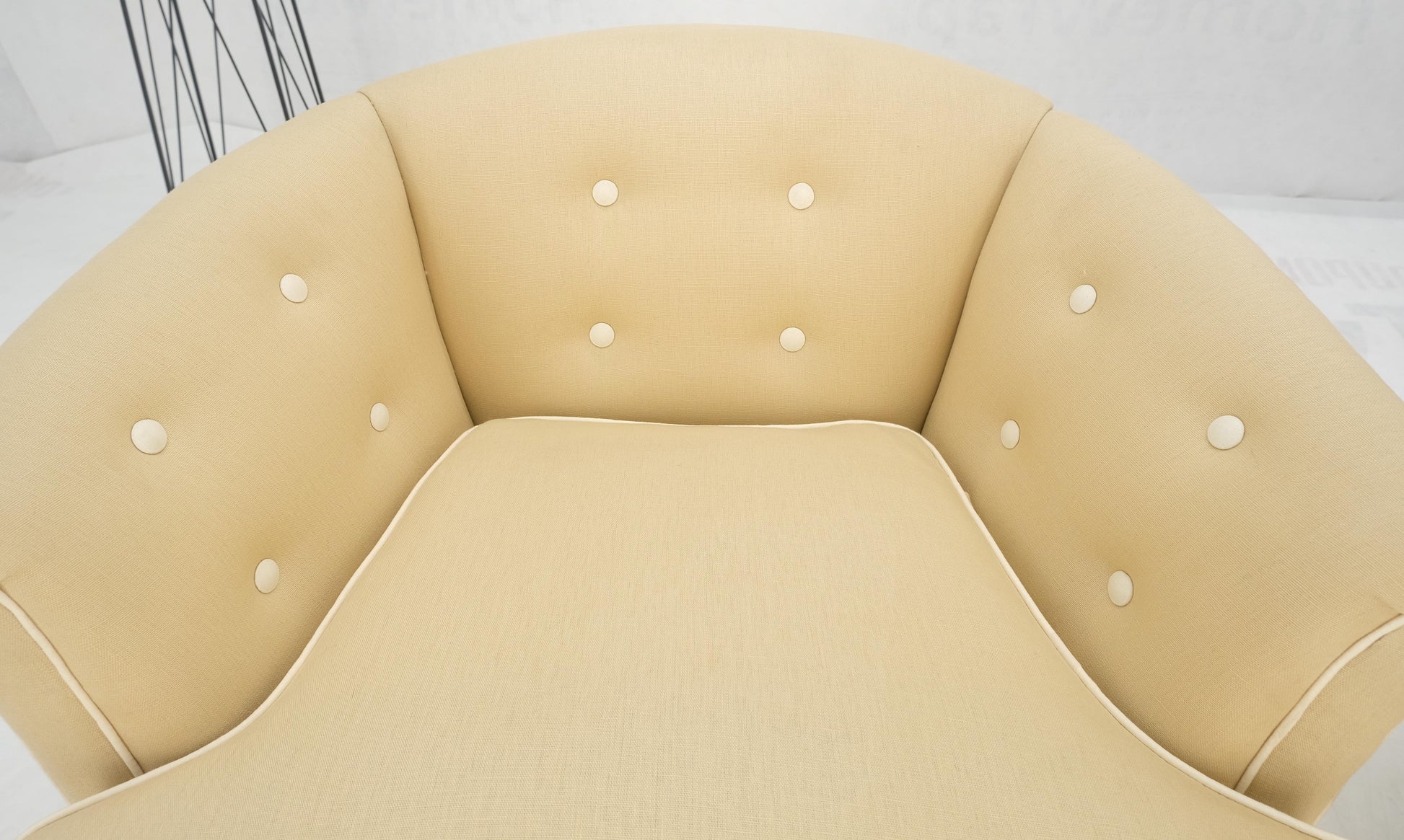 EstablishedLines Pair of New Linen Upholstery Round Swivel Tub Barrel Back Chairs Baughman MINT!