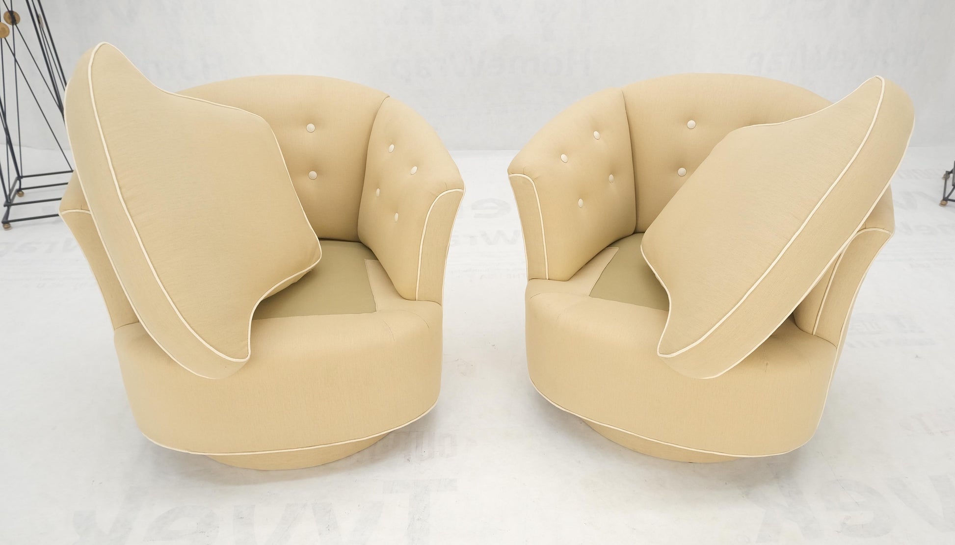 EstablishedLines Pair of New Linen Upholstery Round Swivel Tub Barrel Back Chairs Baughman MINT!