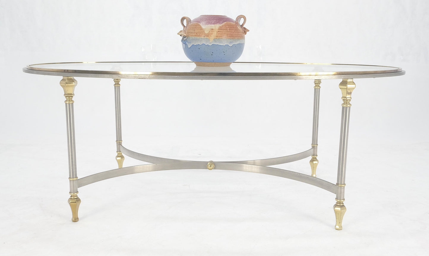 EstablishedLines Mid Century Hollywood Regency Italian Oval Glass top Brass & Chrome Coffee Table