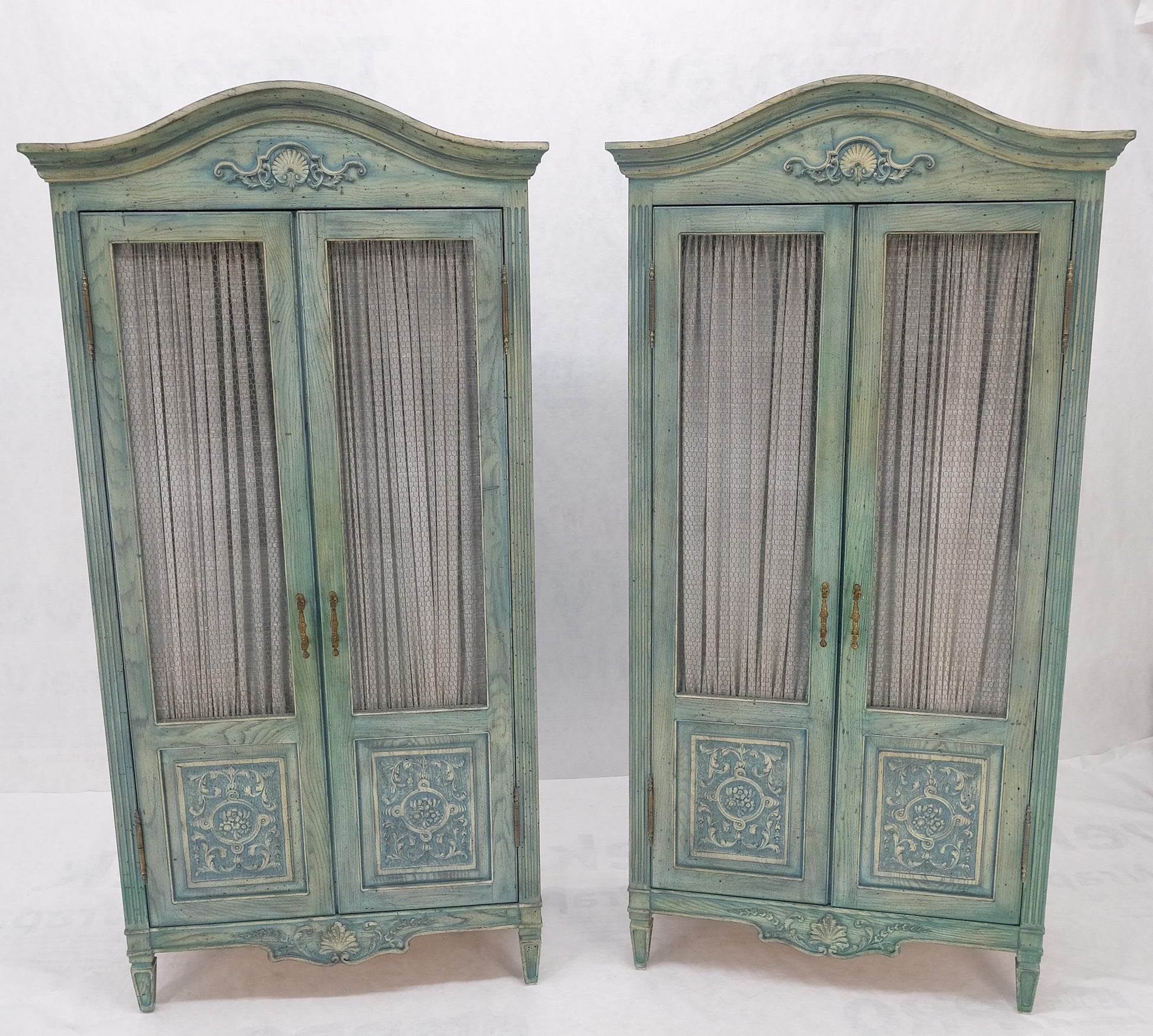 EstablishedLines Pair Tall Country French White Wash Armoires Fitted 5 Drawers Storage Shelves