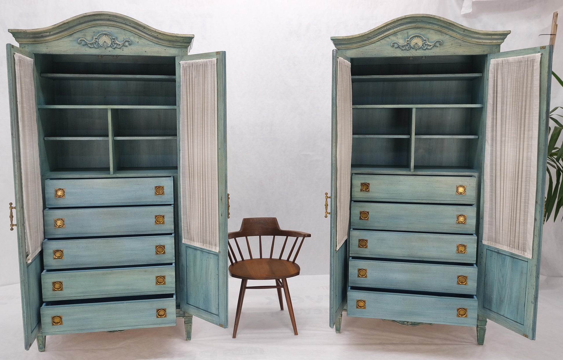 EstablishedLines Pair Tall Country French White Wash Armoires Fitted 5 Drawers Storage Shelves