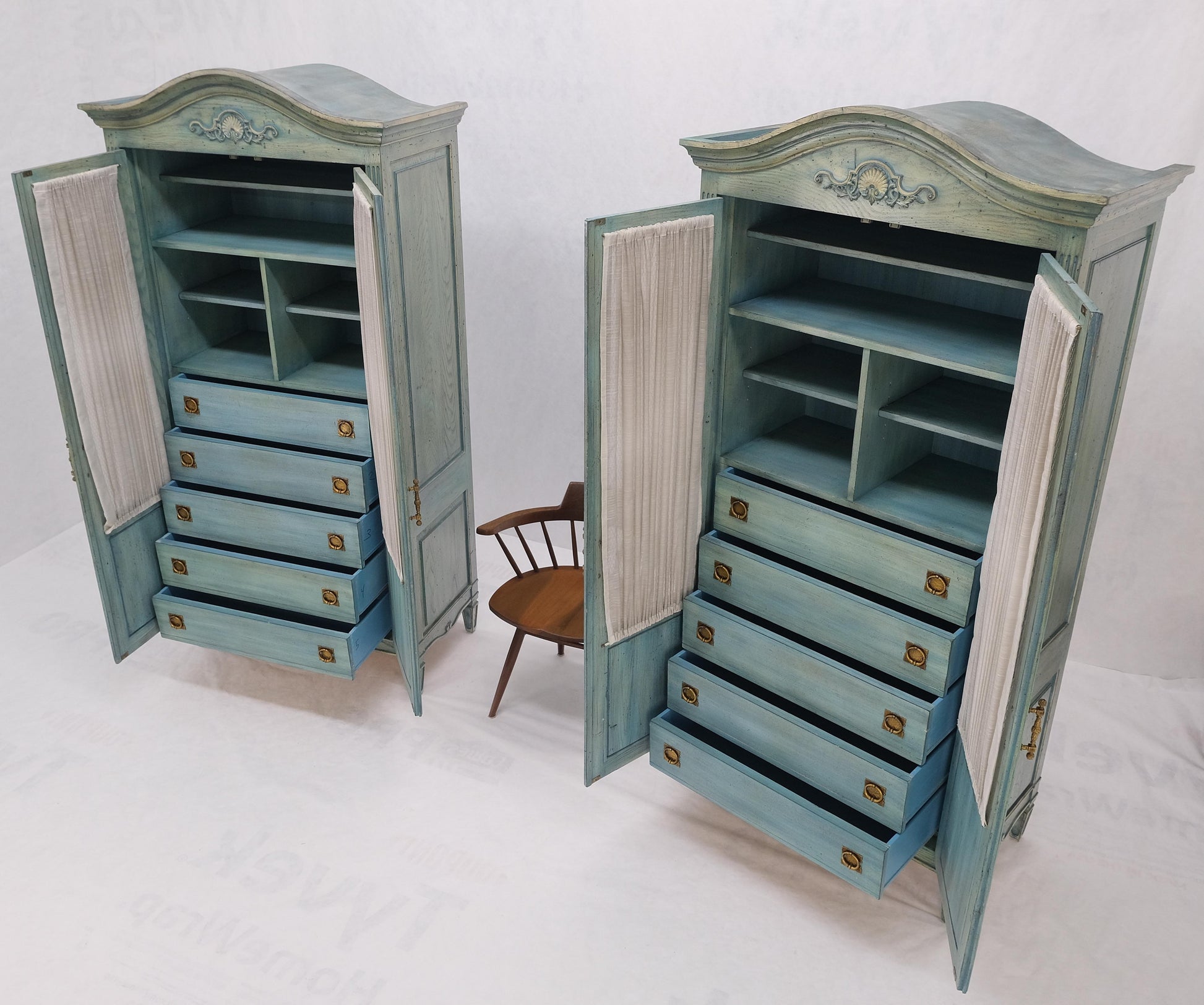 EstablishedLines Pair Tall Country French White Wash Armoires Fitted 5 Drawers Storage Shelves