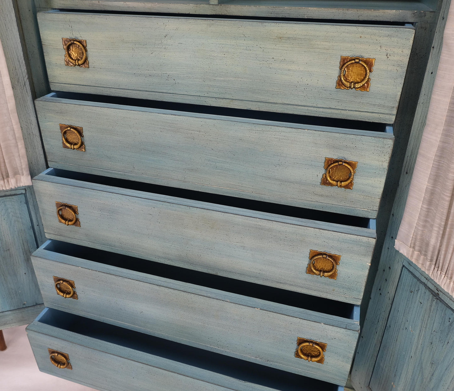 EstablishedLines Pair Tall Country French White Wash Armoires Fitted 5 Drawers Storage Shelves