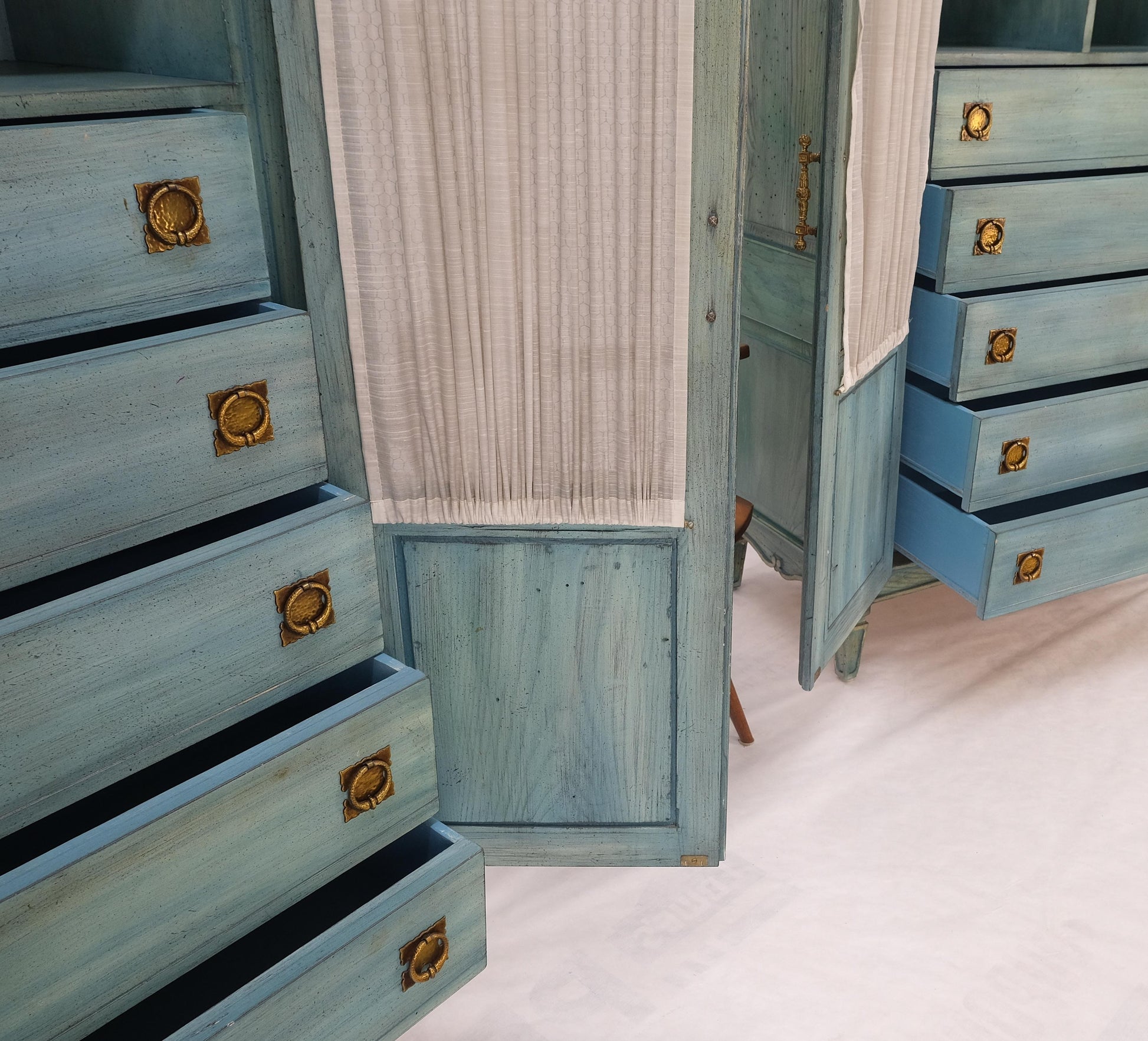 EstablishedLines Pair Tall Country French White Wash Armoires Fitted 5 Drawers Storage Shelves