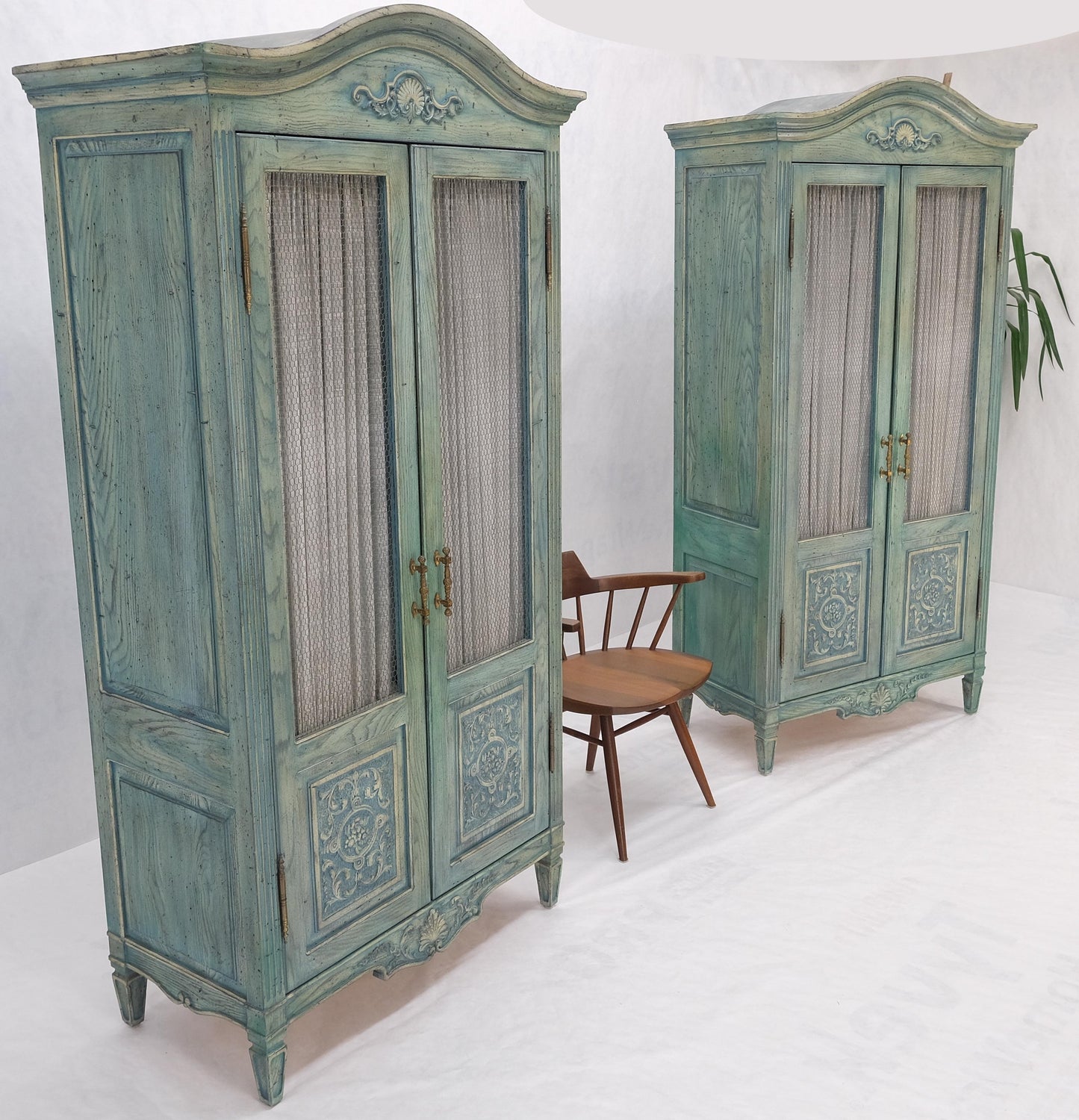 EstablishedLines Pair Tall Country French White Wash Armoires Fitted 5 Drawers Storage Shelves