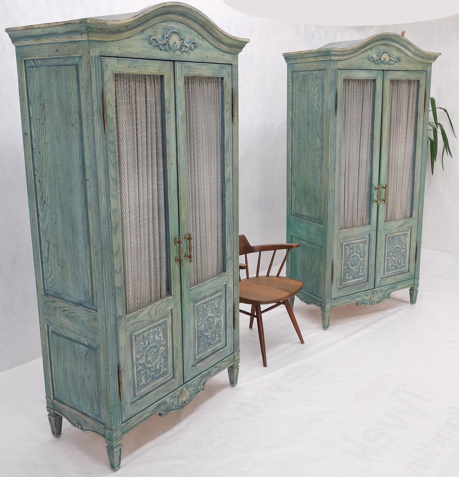 EstablishedLines Pair Tall Country French White Wash Armoires Fitted 5 Drawers Storage Shelves