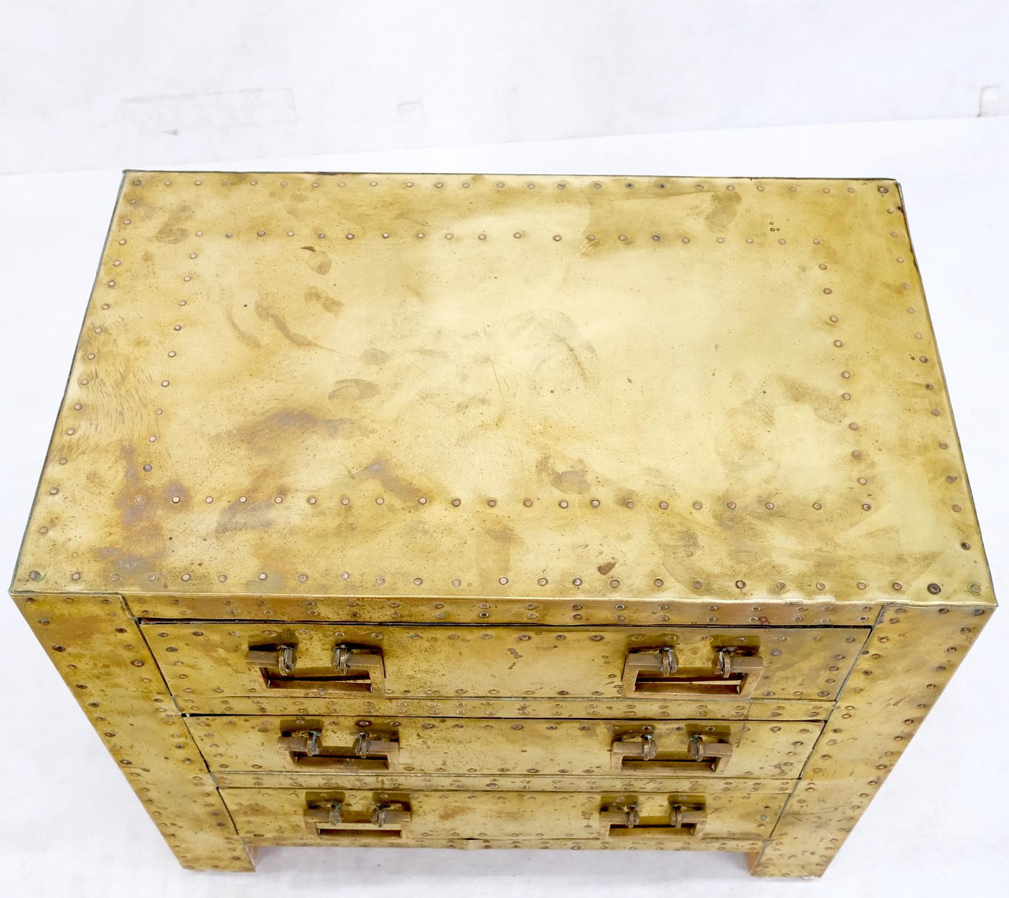 EstablishedLines Sarreid Hollywood Regency Campaign Brass Clad Compact Chest of 3 Drawers Stand