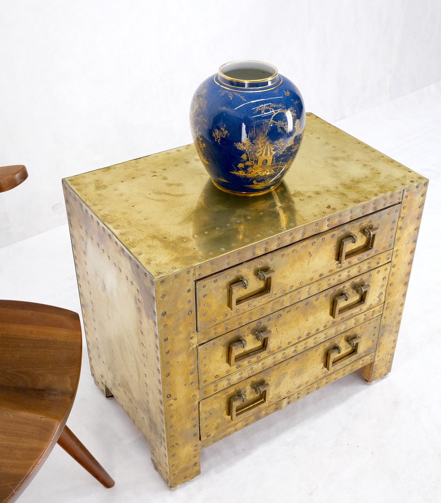 EstablishedLines Sarreid Hollywood Regency Campaign Brass Clad Compact Chest of 3 Drawers Stand