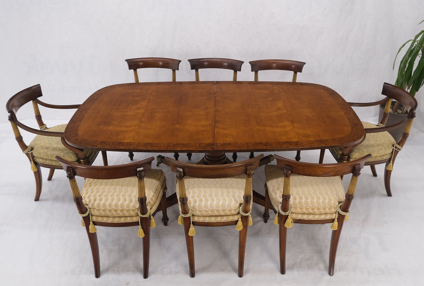 EstablishedLines Single Pedestal One Leaf Oval Banded Dining Table 8 Regency Chairs Set MINT!