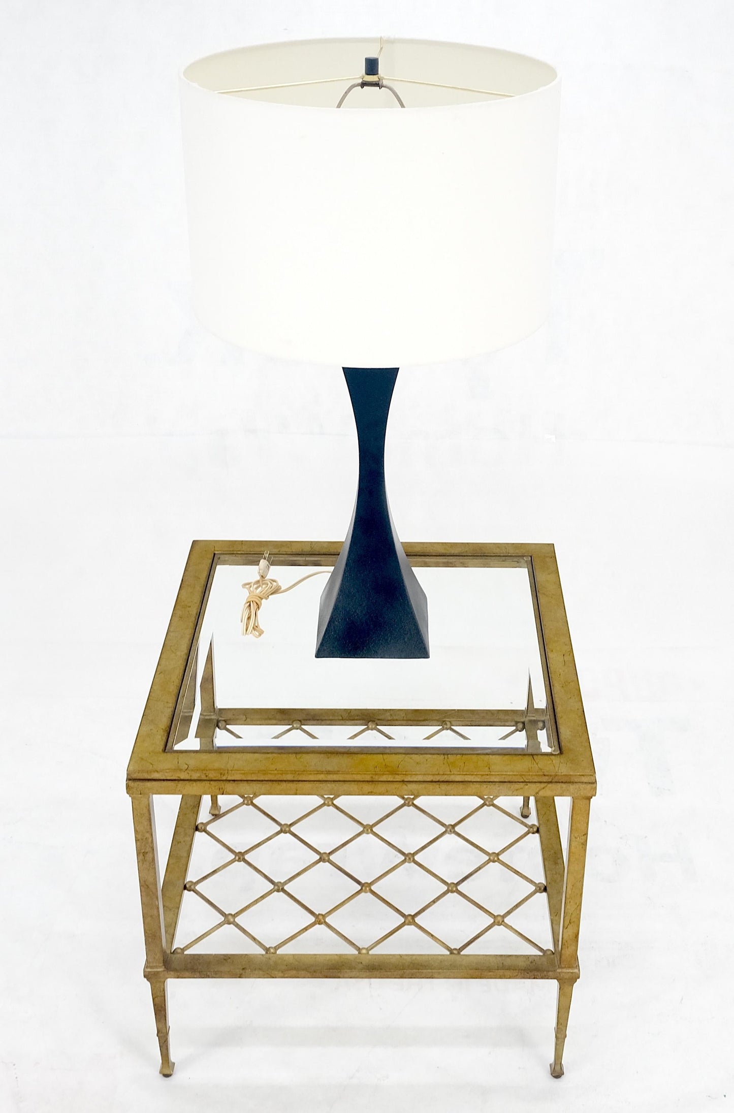 EstablishedLines Pair of Square Glass Top Gold Gilt Metal Glass Top End Tables Stands MINT!