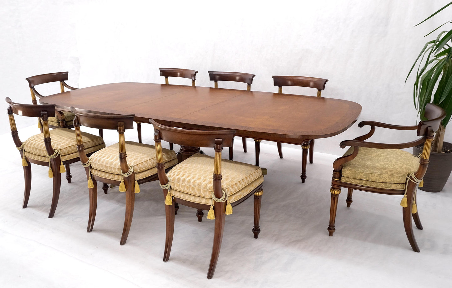 EstablishedLines Single Pedestal One Leaf Oval Banded Dining Table 8 Regency Chairs Set MINT!