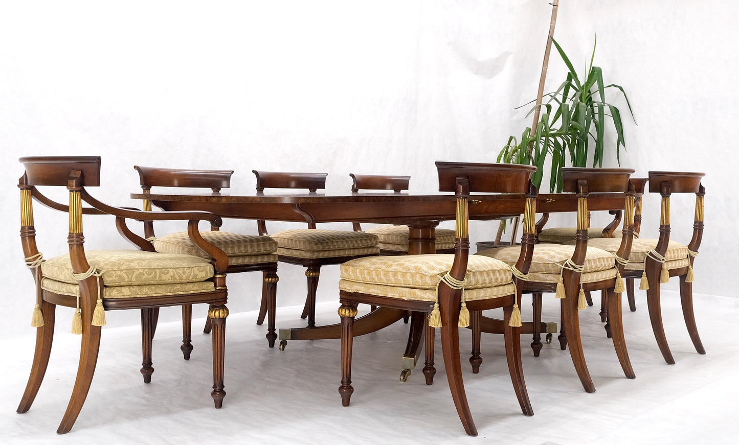 EstablishedLines Single Pedestal One Leaf Oval Banded Dining Table 8 Regency Chairs Set MINT!